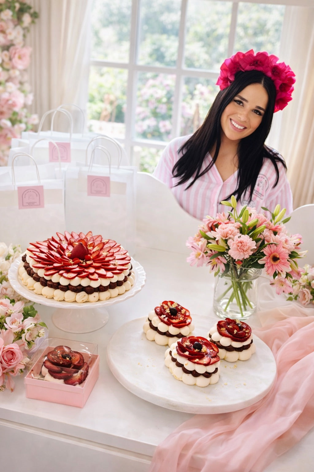 Woman with pink floral headband sitting at a table with desserts and flowers.